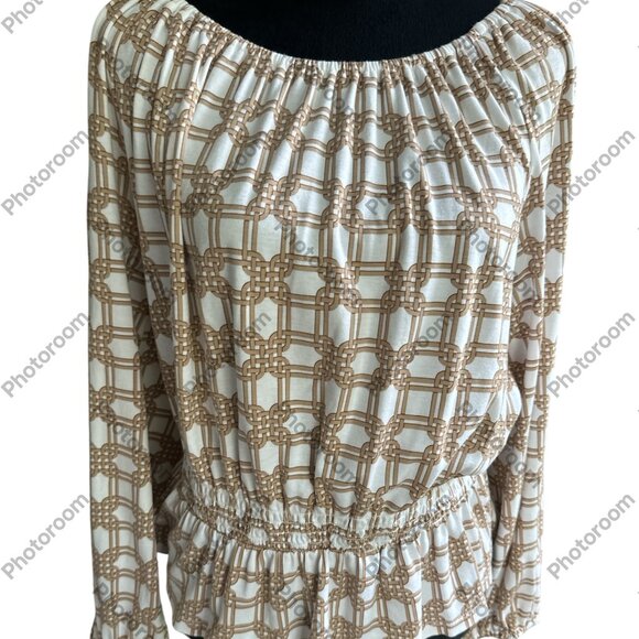 Ann Taylor Tops - Ann Taylor Tan & White Large Patterned Long Sleeve Peplum Cotton Top